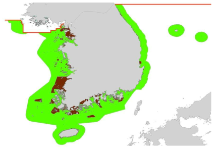 영해선내 주요 해양시설 및 영역을 제외한 가용 해양 영역 지도