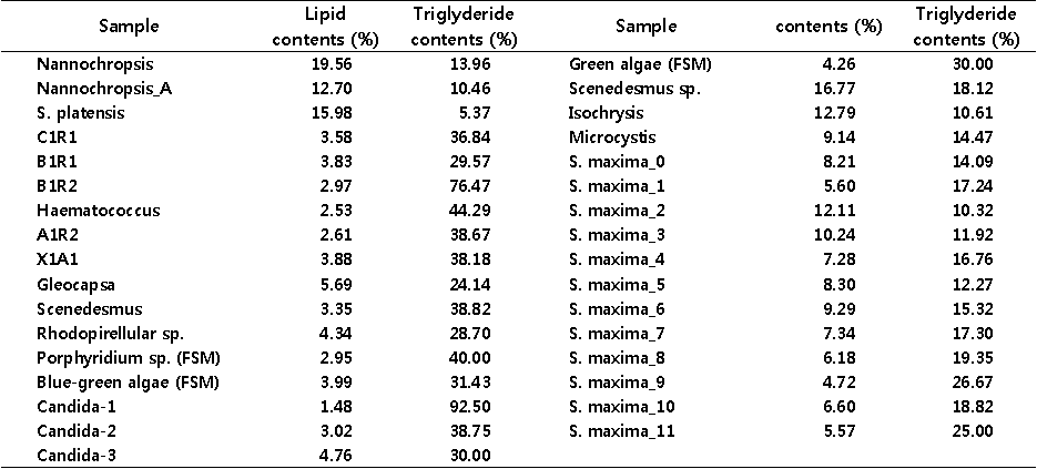 미세조류의 지질함량 및 중성지방 함량 분석