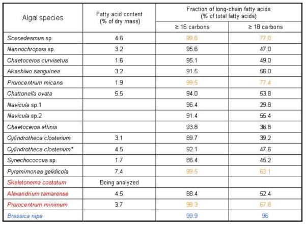 Total fatty acid content (% of dry mass) and a fraction of long chain fatty acids (more than C16 and C18) of lipids extracted from 16 algae species with Brassica rapa. * : species separated from Antarctica. Red color named species were analyzed in 2010