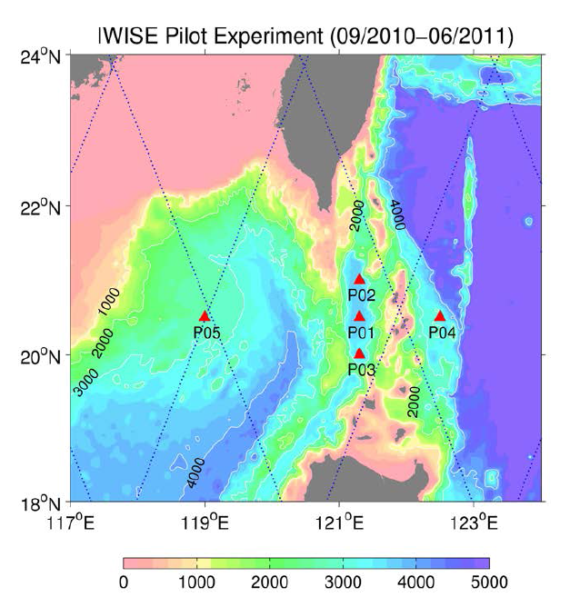 IWISE 예비 관측 실험의 PIES 계류 정점 위치. PIES 5기를 2010년 9월부터 2011년 6월까지 투입하였음