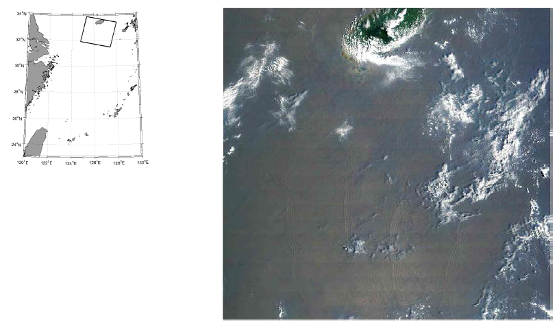MODIS 250-m 해상도의 시각 이미지(2003년 8월 3일). 서쪽으로 전파하는 파군 (wave packet)이 관측됨