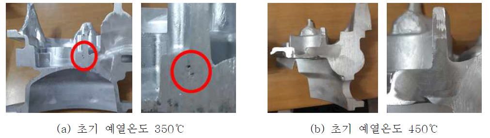 알루미늄 중력주조공정 초기 예열온도 350, 450℃ 조건 내부기공 측정