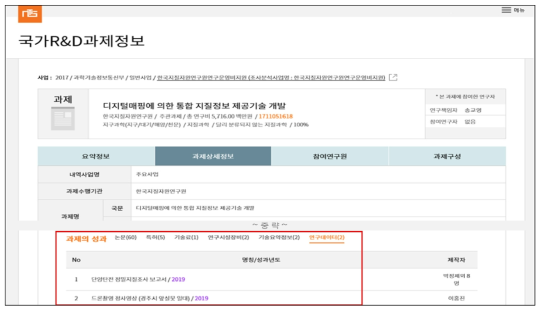 NTIS 과제정보 상세페이지에서 연구데이터 정보 제공 화면