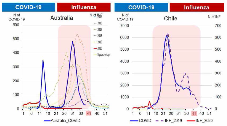 남반구 국가 중 호주와 칠레의 독감 및 COVID-19 발생 그래프