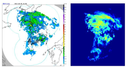 레이더센터에서 제공하는 합성 강수량(좌) 및 이를 전처리한 학습 데이터(우)