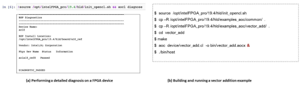 (a) FPGA 카드 상태 확인 및 (b) 예제 코드 컴파일/실행>