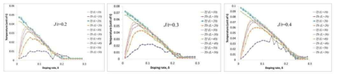 The predicted U(1) phase diagrams for 5 different lattice sizes, i.e., 10ⅹ10, 20ⅹ20, 30ⅹ30, 40ⅹ40, 50ⅹ50 lattice with the Heisenberg coupling constant, J/t = 0.2, 0.3, 0.4