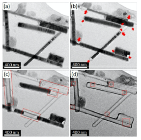 High resolution transmission electron microscopy images of InAs at (a) Ambient temperature (b) 600℃ (c) 742.5℃ (d) 745.0℃