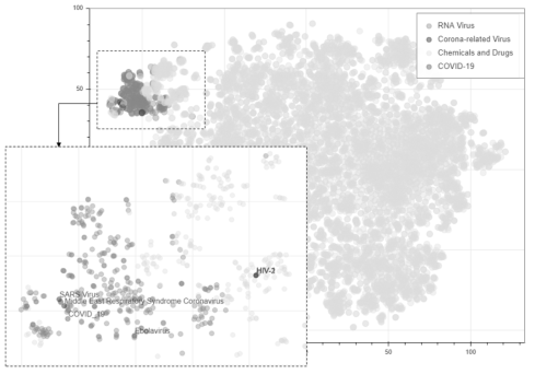 PubMed 데이터로 구축한 COVID-19 특성분석용 워드임베딩 모형의 2차원 시각화 그래프