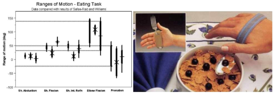 주로 팔꿈치와 팔뚝의 움직임에 발생되는 ADL인 eating task 시에 각 움직임의 ROM 및 유니버셜 커프를 이용한 식사 ADL 사진 예