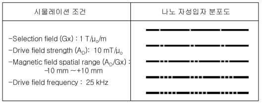 전자장 스캔방식 XIS 이미징 시뮬레이션 조건 및 일차원 나노 자성입자 분포도