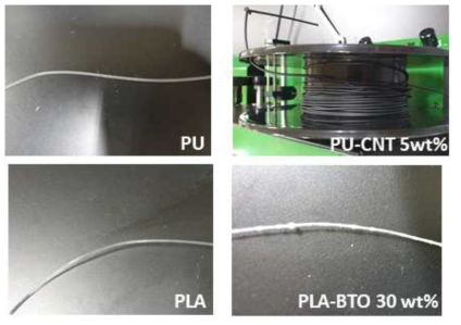 PU, PU-CNT 5wt%, PLA, PLA-BTO 30wt%의 filament