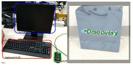 (Left) YOLO 라이브러리를 활용한 모바일 디바이스 상의 물체 인식 기술. 현재 모니터, 키보드, 마우스가 인식됨. (Right) OCR 기술기반 텍스트 인식. 쇼핑백의 브랜드가 인식됨