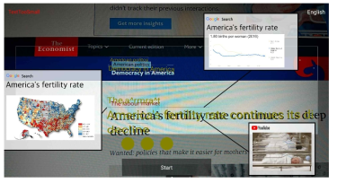 “Fertility Rate”이 전송 된 신문 기사에 대한 주요 컨텍스트로 선정이 되어, 이와 관련한 데이터가 AR로 시각화 됨. 우상단의 데이터의 경우, data.org 에서 검색 된 데이터로, 사이즈가 약 200MB 에 이르러 실시간 전송에는 맞지 않음. 이 경우, 데이터 샘플링을 통하여, overview 를 먼저 제시하고, 차후 샘플링 비율을 늘려, 데이터의 정확도를 점차 향상 시키는 기법 사용 (Progressive Visualization)