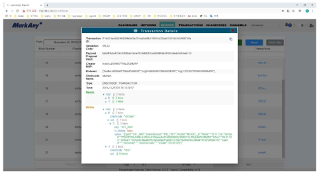 블록체인 네트워크의 트랜잭션 상세정보 화면 예