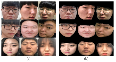 두 데이터 세트에 대한 예. (a) 배경을 포함한 얼굴 이미지 데이터 세트. (b) 얼굴만 존재하는 얼굴 이미지 데이터 세트