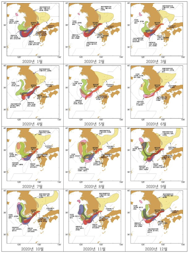 2020년 월별 어업별 예상 어장도 출처:국립수산과학원