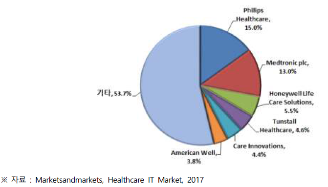 글로벌 의료용 IT 시장 중 원격 의료 솔루션의 기업 점유율(2015)