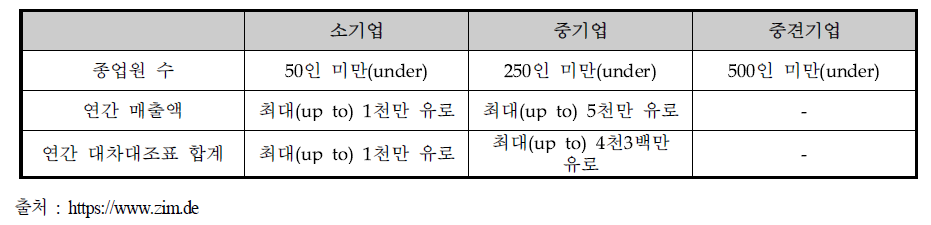 기업 규모별 ZIM 자격 요건