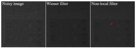 50mmPb 위에 IQI를 촬영한 X-ray영상: noisy, wiener filter 및 non-local filter 적용 영상