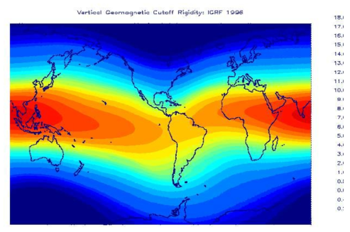전세계 수직 지자기 견고도(GV) 1996년(태양활동 23 극소기) (Mertens, C.J., et al., 2014)