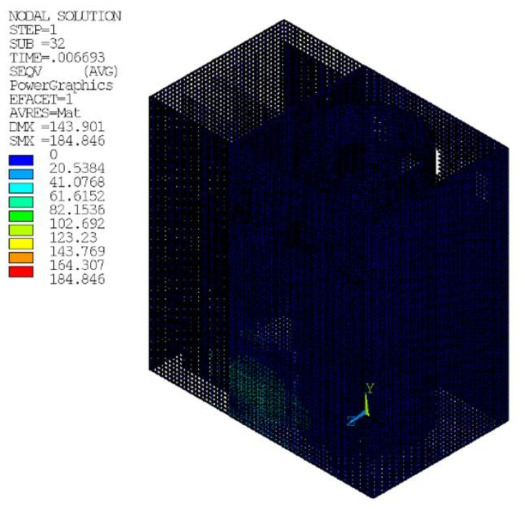 von Mises stress distribution of rebar in Drucker-Prager model in partial filling at 6.69x10-3s