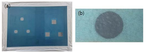 (a) 실크프린팅을 위한 틀, (b) CNT/Textile paint 혼합 기반 실크프린팅된 생체 신호 측정 전극