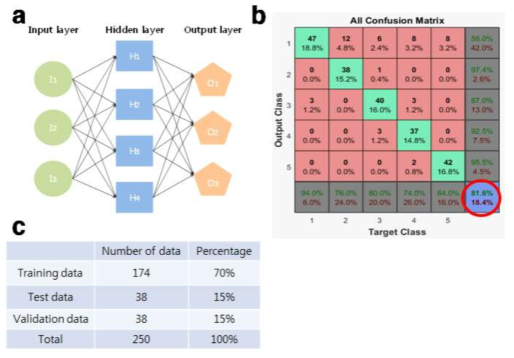 (a) Neural network의 기본구조 (b) Neural Network에 의한 개인 인증 실험 결과 (c) 근전도 Data 구성