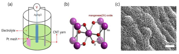 (a) 이산화망간의 전기화학 증착을 위한 전기화학 셀 그림. (b) 이산화망간의 화학결합 구조를 나타낸 3차원 모식도. (c) 인가 전압, 증착 시간 등의 공정 조건 조절을 통해 제조된 다공성 이산화망간 나노구조체 박막 (스케일 바 = 150nm)