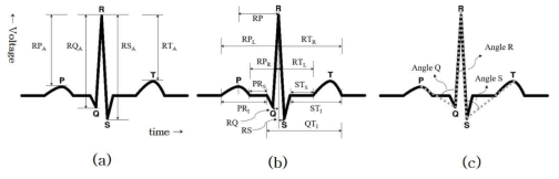 심전도 생체신호 파형 및 개인인증에 사용되는 생체신호 특징값 (a) 진폭 특징값, (b) 구간 특징값, (c) 각도 특징값