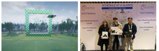 2019 NeurIPS에서 진행된 Game of Drone 경진대회의 가상 코스(왼쪽) 및 시상식 참석 (오른쪽)