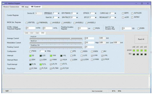 광송신 엔진 기능 검증: 시험보드 연동 GUI