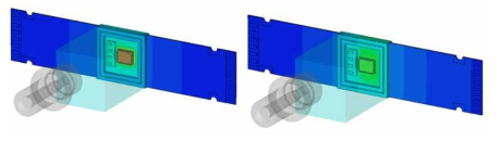 장파장 VCSEL 기반 40Gb/s급 저전력.저가형 광학 엔진의 열해석(좌,Thermal Via 무 / 우,Thermal Via 유)