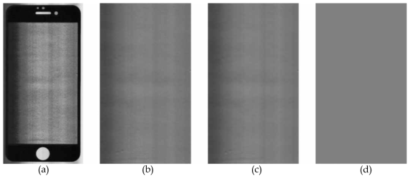 커버글라스 검사 영상의 (a) 전면부, (b) 투명부 원본, (c) 투명부 배경, (d) 배경 불균일 제거 영상