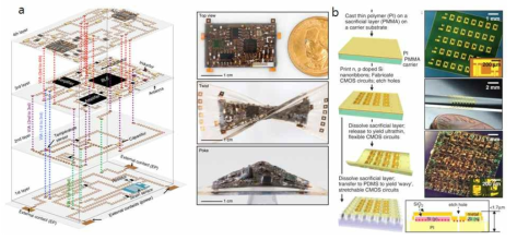 상용화된 chip을 이용한 3차원 스트레쳐블 시스템 제작 공정 및 실제 제작 샘플의 스트레칭 테스트 및 플렉서블 소자를 스트레쳐블 기판으로 옮기는 transfer 기술 공정 및 실제 제작 샘플