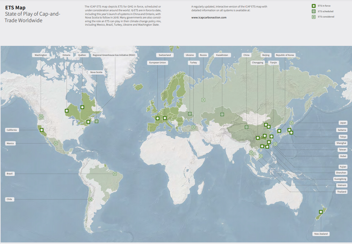 전세계 ETS 분포 지도(ICAP, 2017 재인용)