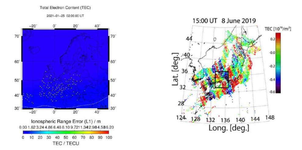 (좌) 독일 DLR 에서 제공하는 준 실시간 TEC 정보 (우) 일본 NICT 에서 제공하는 전리권 교란 정보