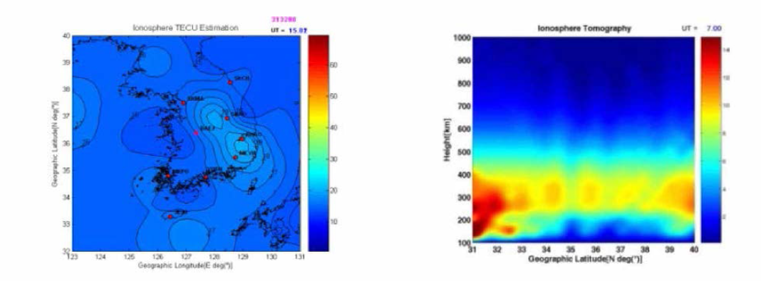 (좌) 천문연구원 9개 GPS 상시관측망 자료를 사용한 우리나라 상공의 TEC 맵 (우) 토모그래피 기법을 사용한 3차원 전자밀도 추정