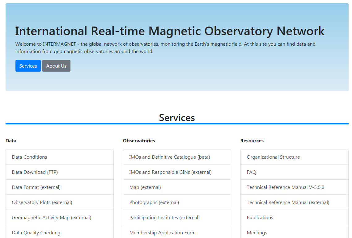 Intermagnet 웹 페이지에 개시된 세계 자력계관측치서비스 개괄