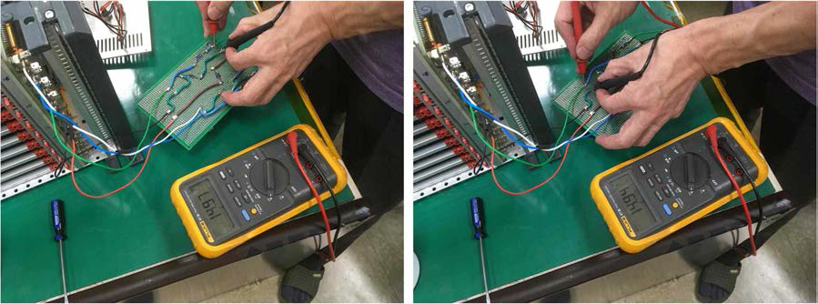 Common mode choke filter unit의 +15V 전원 입출력 전압측정 (입력 +14.97V / 출력 +14.94V)