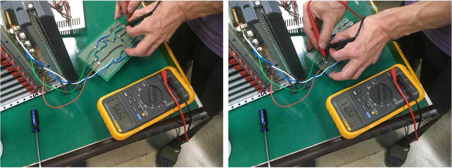 Common mode choke filter unit의 -15V 전원 입출력 전압측정 (입력 -14.95V / 출력 -14.94V)