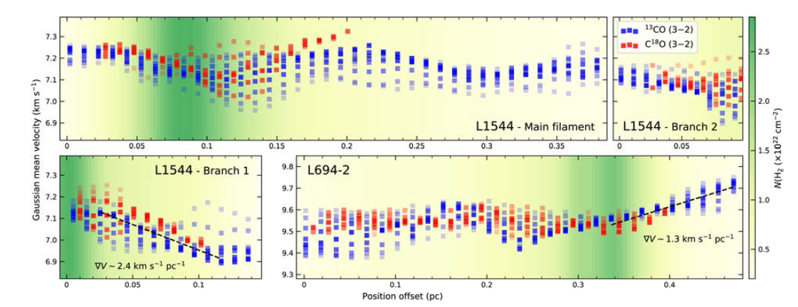전원시성핵 L1544와 L694-2가 속해 있는 분자운의 필라멘트 구조를 따라 측정된 중심 밀도(배경색)와 시선 방향 속도(빨강과 파랑 점) 변화 및 측정된 속도 기울기(검은 파선)