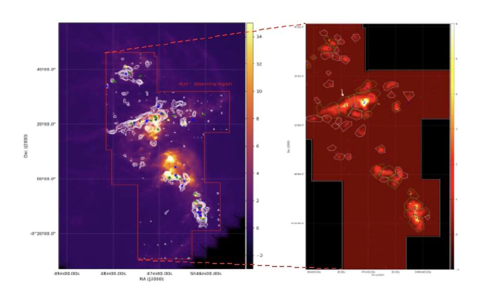 (왼쪽) 허셜 250 μm 이미지에 흰 선으로 표시된 N2H+ 방출선의 등고선. 빨간색 박스는 N2H+ 분자선의 관측 영역이며 별 심볼 (파랑색: Class 0 원시성, 녹색: Class I 원시성, 노랑색: Flat-spectrum 원시성) 은 Furlan et al. (2005)에서 찾은 YSO의 위치를 보여준다. (오른쪽) Orion B 영역에 대해 찾은 48개의 N2H+ 고밀도 분자운핵의 모양과 분포. 흰색 실선 : YSO가 없는 고밀도 분자운핵. 녹색 실선 : YSO와 위치 상 관련이 있는 고밀도 분자운핵