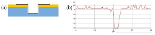 (a) GMS 방식으로 제작된 소자의 문제점. (b) GMS 방식으로 제작된 소자의 active channel 근방에서의 AFM 결과