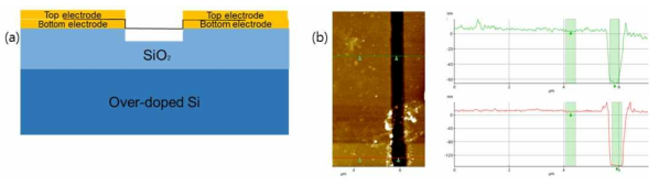 (a) MGMS 방식으로 제작된 소자의 문제점. (b) MGMS 방식으로 제작된 소자의 active channel 근방에서의 AFM 결과