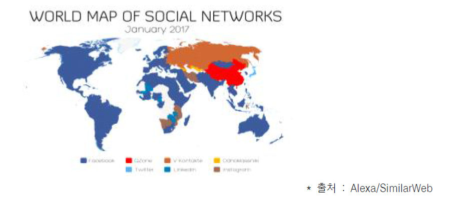 주요 글로벌 SNS 서비스 분포도