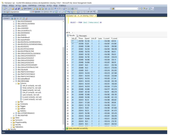 SQL database에 저장된 실시간 교통 데이터 예시