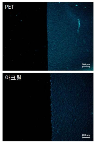 PET와 아크릴을 기판으로 사용한 패터닝의 광학현미경 이미지