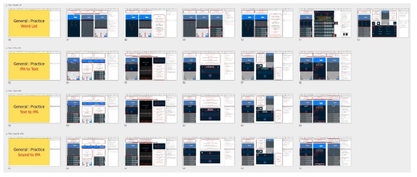SFP 화면설계 일부(Practice Word List, IPA to Text, Text to IPA, Sound to IPA등)