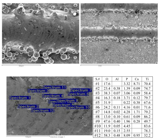 Ti6Al4V substrate 위에 Ti 분말로 적층한 후 100%HA 분말로 스캔속도 4 mm/ec., 레이저 출력 100 w, 그리고 분말공급 속도 0.4 g/min.로 적층한 bead의 SEM 형상과 EDX 분석 결과